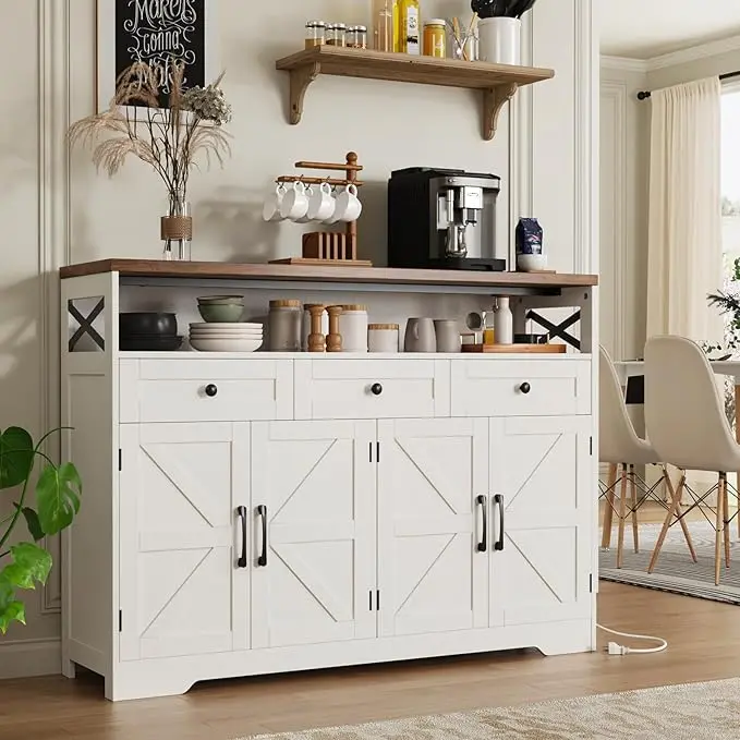 [SummerVibes] Vabches Farmhouse Buffet & Sideboard Cupboard Furniture - White Pantry Cabinet with Multiple Drawers, Wood Hutch, Coffee Bar Station for Kitchen, Living Room
