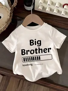 Toddler Boys' Short Sleeve Crewneck T-Shirt - "Big Brother Loading" Slogan Text Top, Fade-Resistant Loading Print Short Sleeve Tops for Pregnancy Announcements, Sibling Reveals