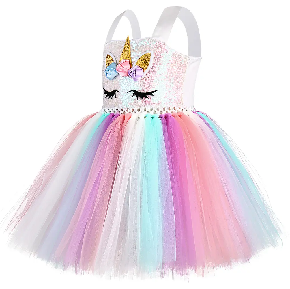 Girls' Princess Dress with Unicorn Headband, Sequin Top & Rainbow Strips - Summer Birthday Party Special Occasion Attire, Size Up Tip