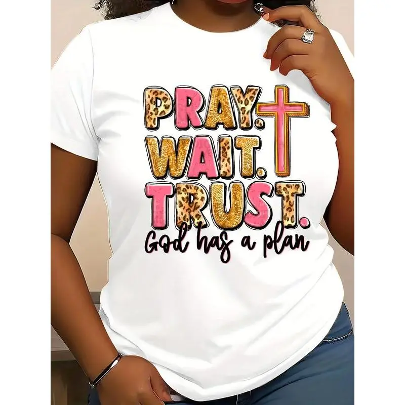 Soft Customized Unisex T-shirt with "Pray.Wait.Trust" Print - Sporty Streetwear Style with a Breathable Fit, Shortsleeve, Knitted, Round Neck, Tee, Casual, Cotton, Printed Text, Crew Neck, Graphic, Hang Dry, Stylish, Classic, Gentle Fabric, Breathable Kni