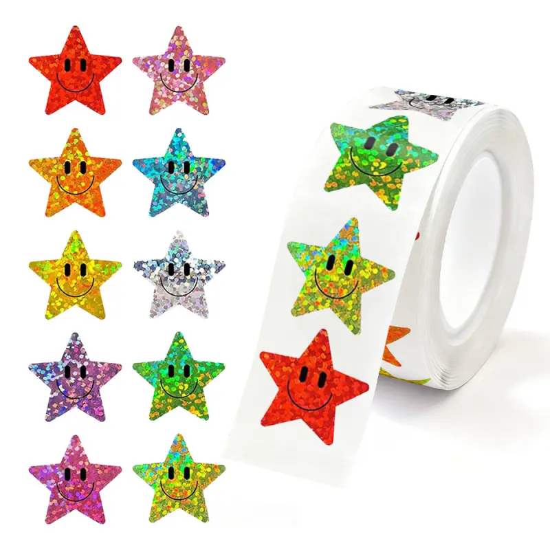 500PCS Smiling Glitter Star Smiley Face Stickers Colorful Luminous Foil Happy Reward Stickers Cute Stationery Supplies