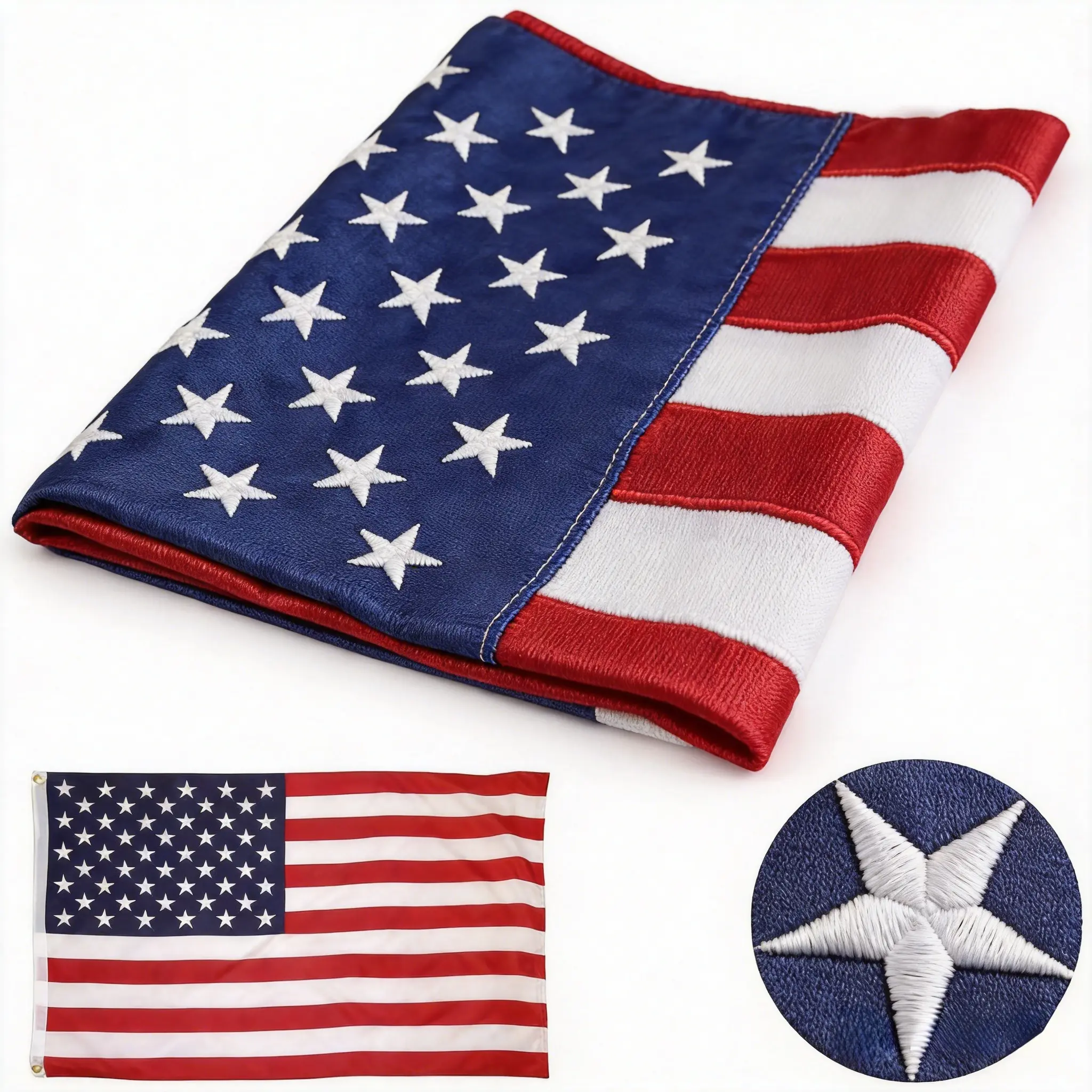 Heavy Duty American Flag, Embroidered Stars, Weather Resistant Nylon, 2x3/2.5x4/3x5/4x6 FT Options