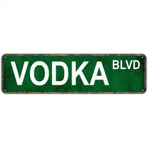 2D Flat, 1 count 4x16 Inch Aluminum Vodka Boulevard Vintage Metal Wall Sign - Retro Green Street Decoration with Worn Surface, Classic Bar & Home Decor for Yard, Garden, or Indoor Wall Hanging, Metal Outdoor Wall Decor, Classicstyle Signage, 2D Flat