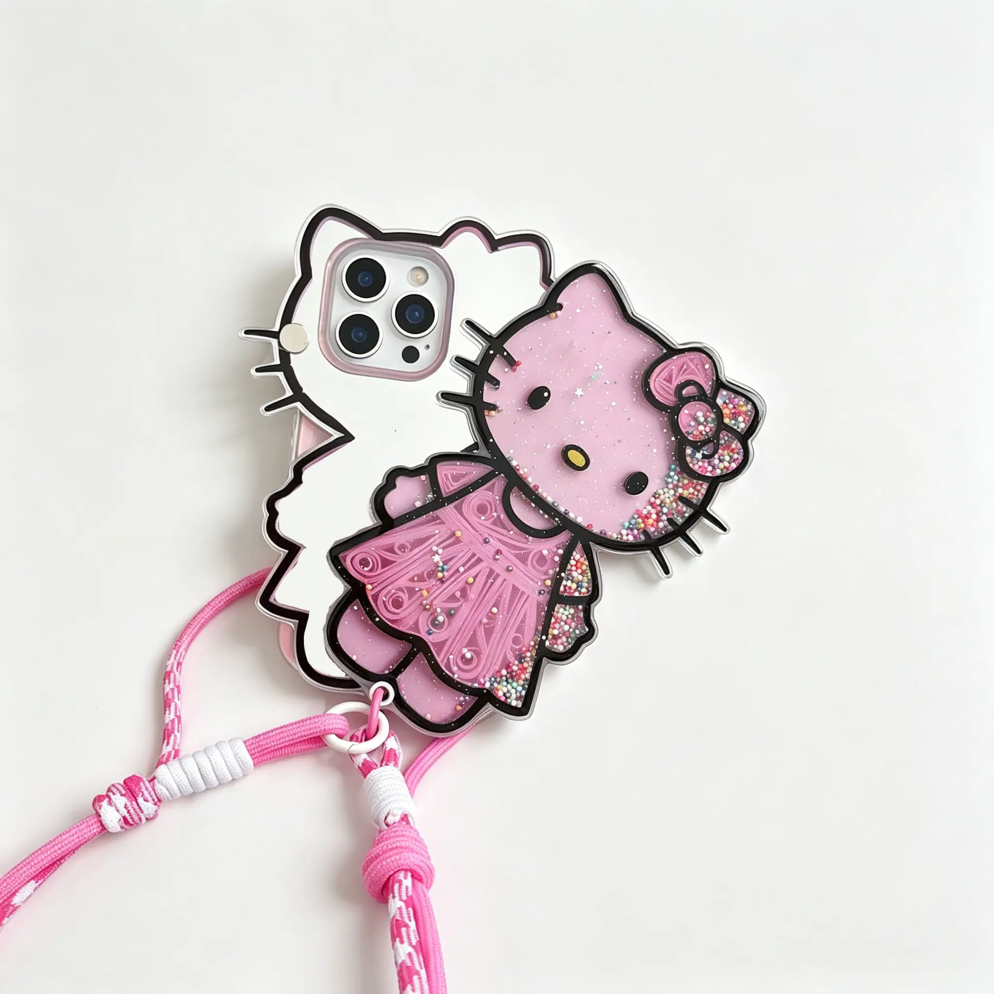 Official Sanrio Hello Kitty Double Layer Cellphone-Smartphone Case with Built-In Mirror, 2 Straps and Gift Box Packaging