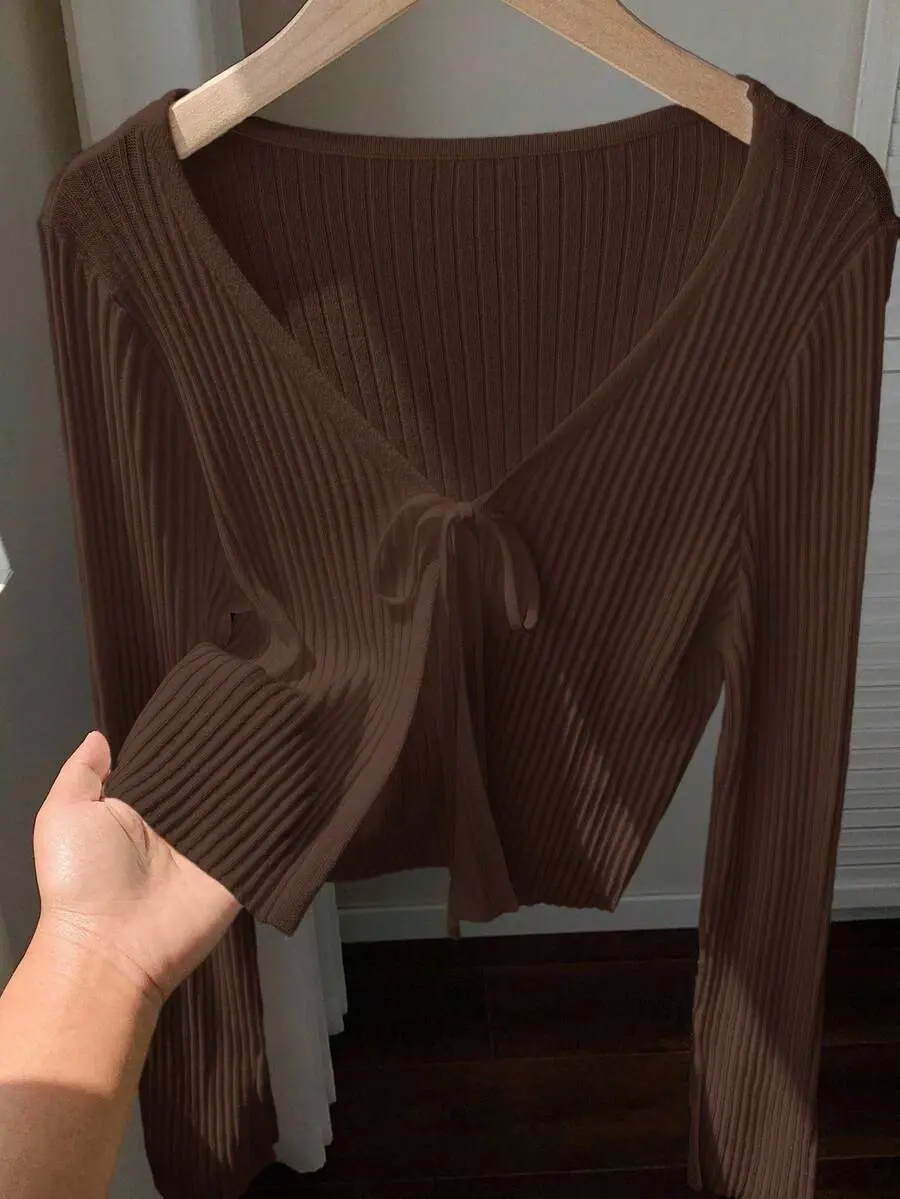 LUNA LAYER Women Casual Solid Knit Tie Front Crop Cardigan Chocolate Brown Long Sleeve Adjustable Breathable