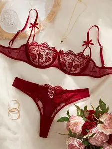Women's Floral Embroidery Bow Front Underwire Bra & Panty Two-Piece Set, Adjustable Strap Contrast Lace Bra & Knicker, Lingerie Set for Women Underwear Sets