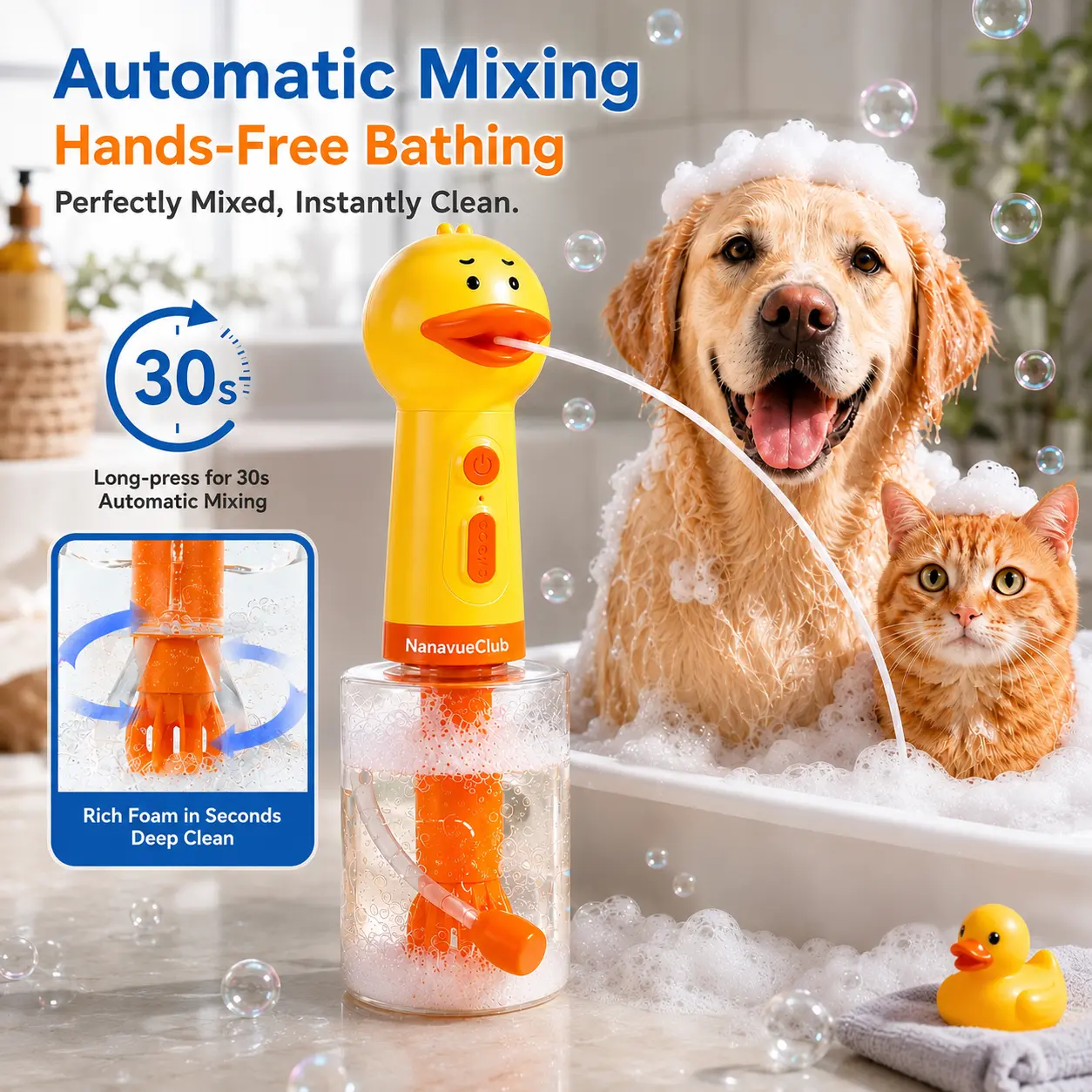 Universal Rechargeable Dog Bath Foam Sprayer - Pet Shampoo Auto Mix Foaming Dispenser with Automatic Mixing System, Hands-Free Grooming Tool for Puppy Bath, Clean Deeply Bathroom Accessory
