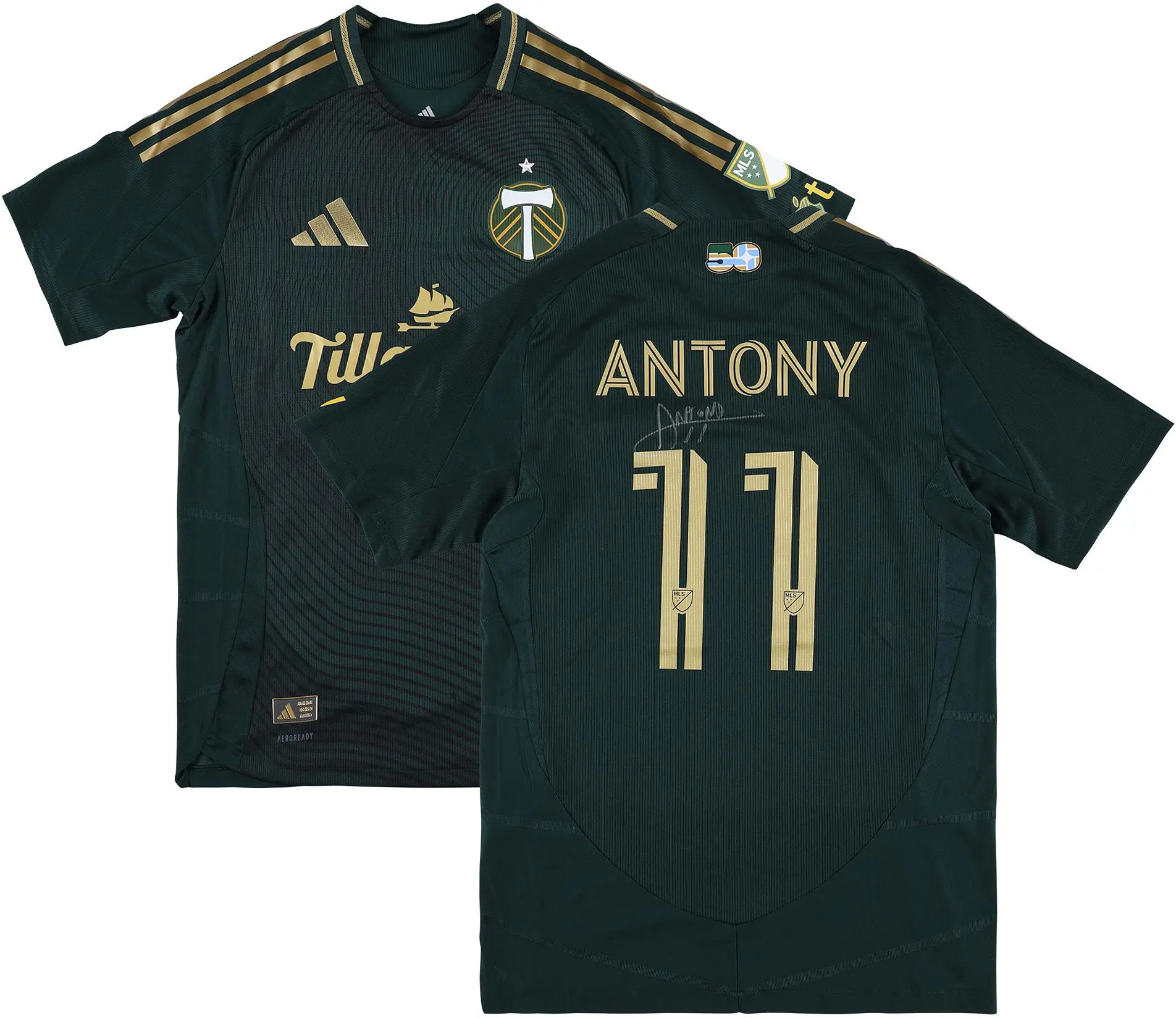 Antony Portland Timbers Autographed Match-Used #11 Green Jersey from the 2025 MLS Season - Size S - Fanatics Authentic Certified - Soccer Memorabilia