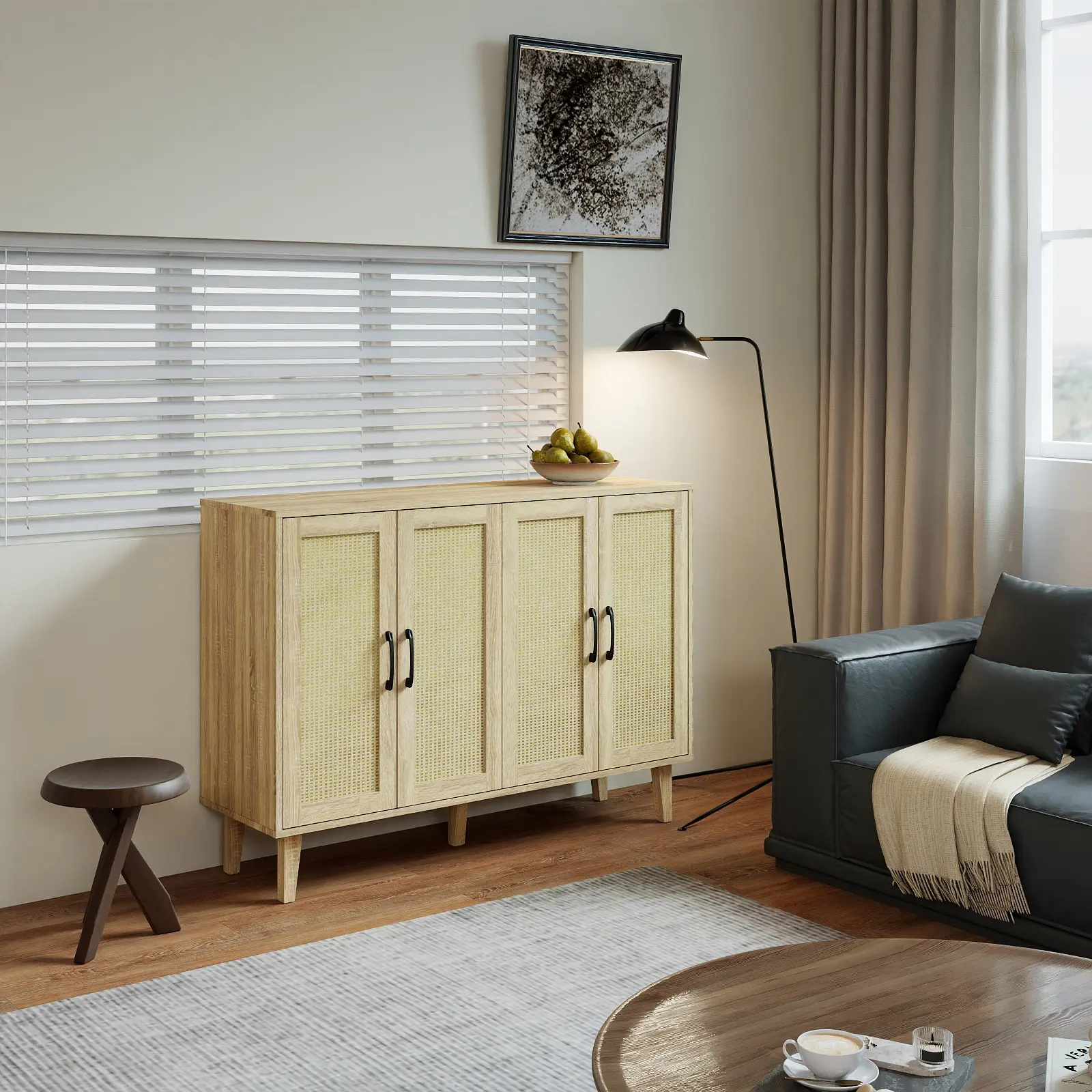 Wood Sturdy Sideboard Buffet - 4 Rattan-Decorated Doors Kitchen Storage Cabinet with Adjustable Shelves, Assembly Required for Living Room Use & Kitchens