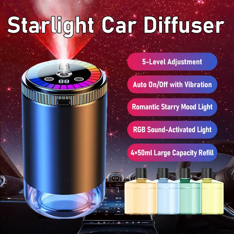 Sound Activated Starry Sky Car Aromatherapy Device - Compact Interior Accessory, 5-Speed Control, 4 RGB Lighting Modes, Automatic Aerosol Spray Diffuser, Intelligent Atmosphere Optimizer, 4x50ml Cells, Auto Start, Cup Holder Compatible, 1 Smart Unit