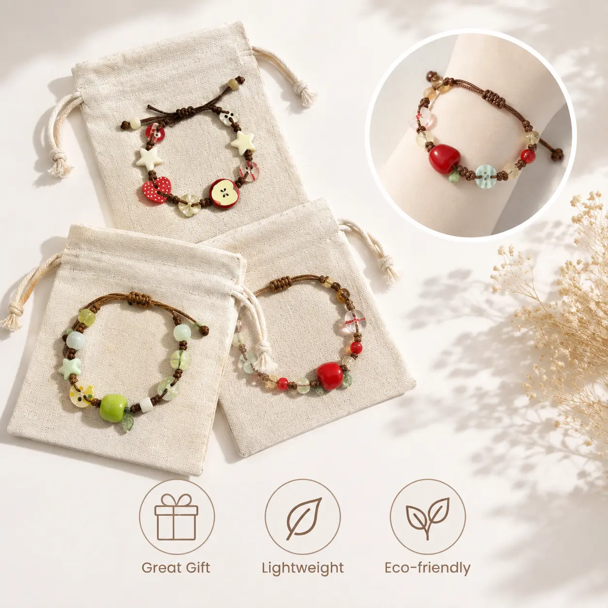 Handmade Ceramic Apple Charm Bracelet with Star Charms, Adjustable Resin Button Fit, Vintage Elegant Daily Jewelry for Ladies, Trendy Fashionable Accessories, Valentine's Day Gift for Her - MM2
