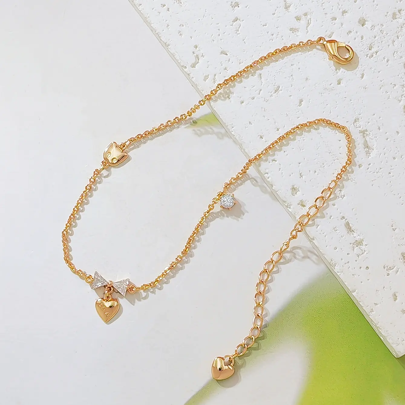 Adjustable Rose Gold Anklet with Sparkling Bow CZ & Engraved Love Heart Pendant, 14K Rose Gold Plated Dainty Ankle Bracelet, Ideal Jewelry Gift for Birthday Valentine's Day