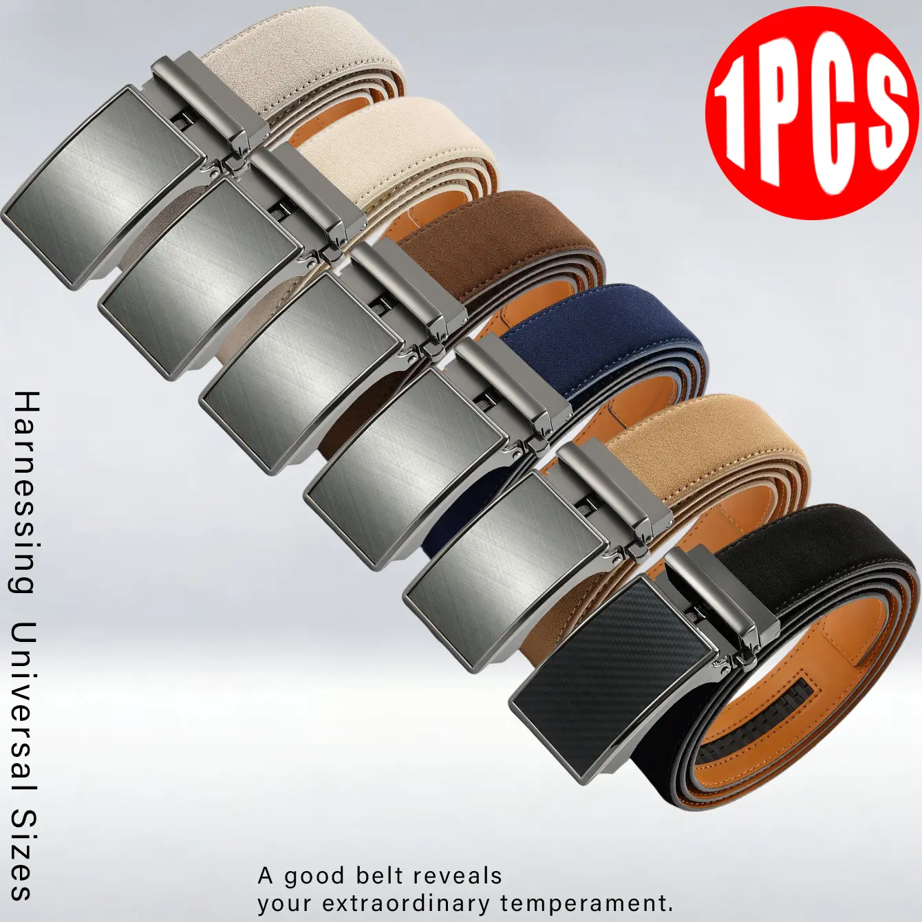 Men's Genuine Leather Ratchet Belt - Adjustable Jeans Belt, 1 Size That Can Be Cut to Adjust Length, Adjustable Belt