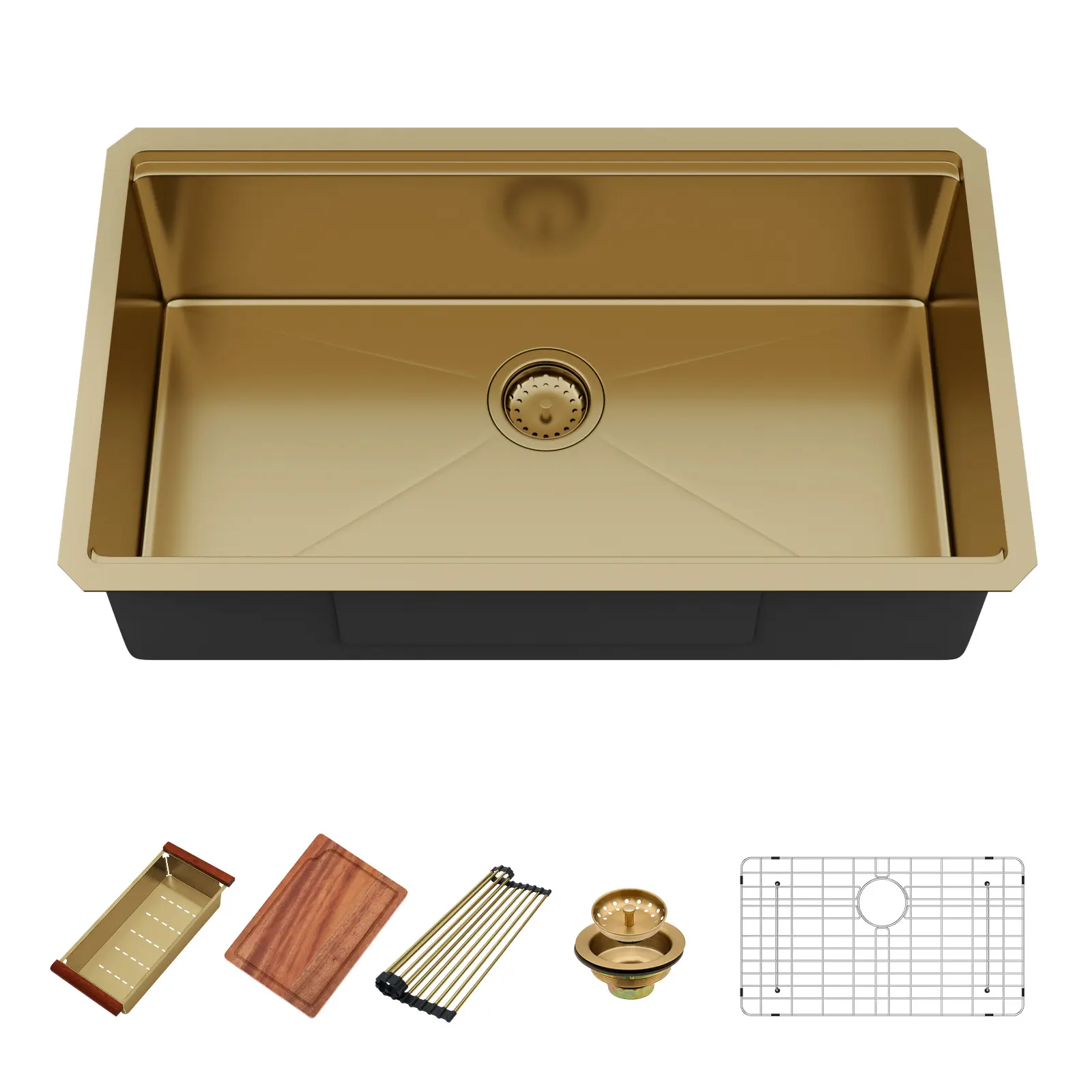 Kichae 33x19 in Undermount Gold Kitchen Sink for Kitchen Counter, 16 Gauge Stainless Steel Ledge Workstation, Single Round Corner Handmade Deep Bowl with Installation Compatibility, Cutting Board, Drain Basket