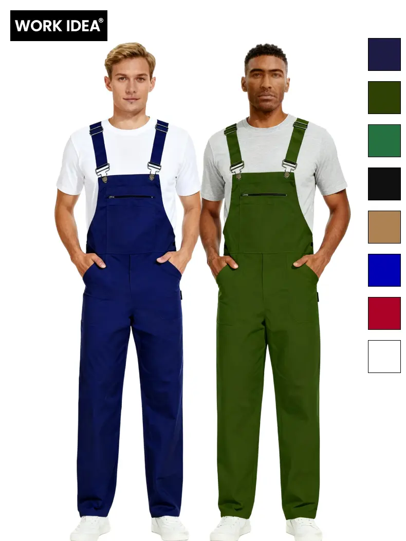WORK IDEA Men's Cotton Overalls with Straps & Buckle, Comfortable Skin-Friendly Durable Plain Soft Fabric, 8 Functional Pockets, Elastic Waistband, Easy On/Off Workwear Uniforms (Black, Beige) for Outdoor Activities (Pair with T-Shirt)