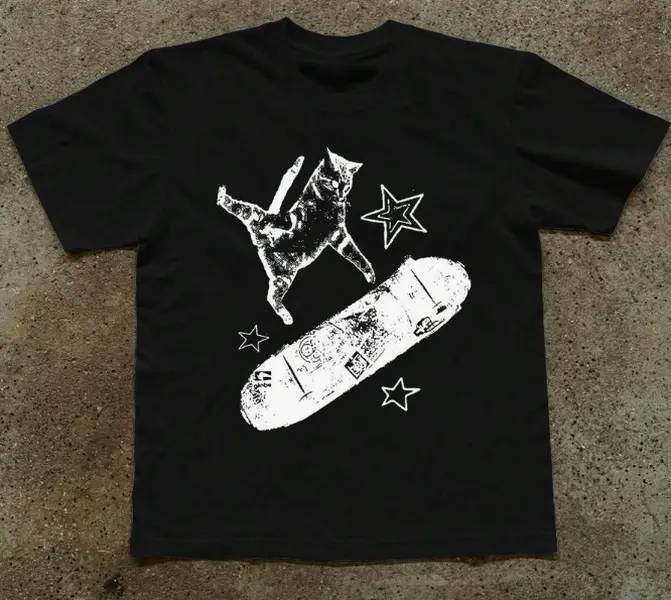 Rebellious Cool Skatepark Outfit Vintage Distressed Skate Cat Star Graphic Oversized Unisex Summer Cotton T-Shirt