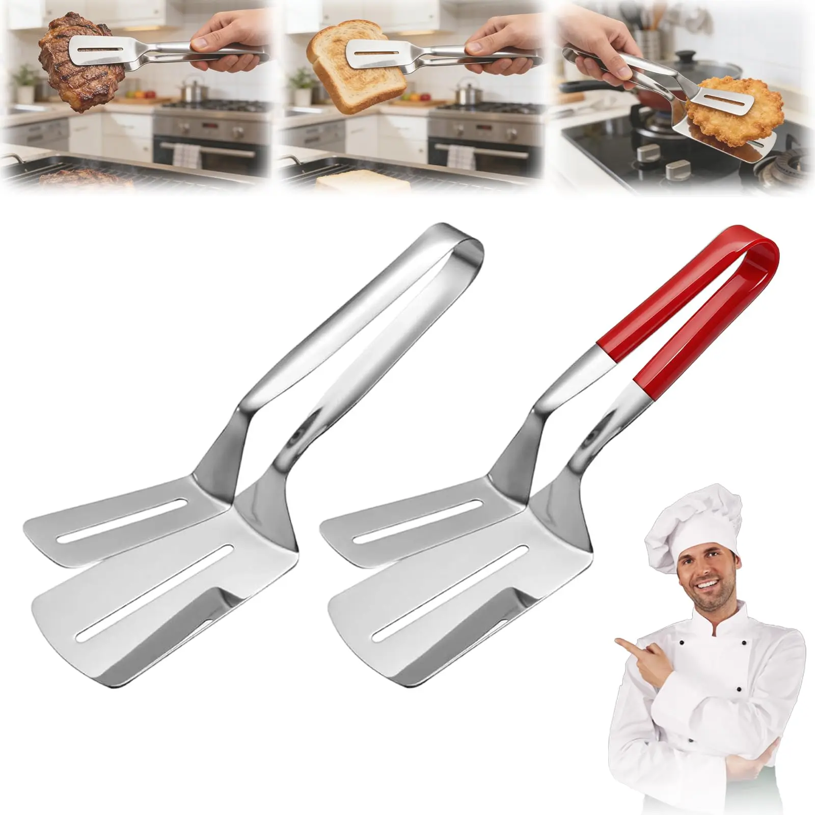 2Pcs Double-Sided Stainless Steel Grill Clamp Spatula, All-Purpose Shovel Clip, Upgrades Anti-Scald Extended Handle Spatula Tongs, for Grilling Meat, Fish and Pancakes with Non-Slip Grip