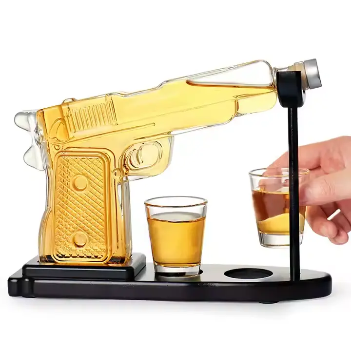 HittCraft LLC 12 Oz Gun-Shaped Whiskey Decanter Set - 2 Glasses, Sturdy Wooden Stand, Personalized Liquor Dispenser for Scotch, Bourbon, Vodka - Bar Set, Gifts for Boyfriend, Unique Father's Day Gift