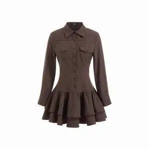 Cider Striped Collar Long Sleeve Button Lace Up Layered Mini Dress