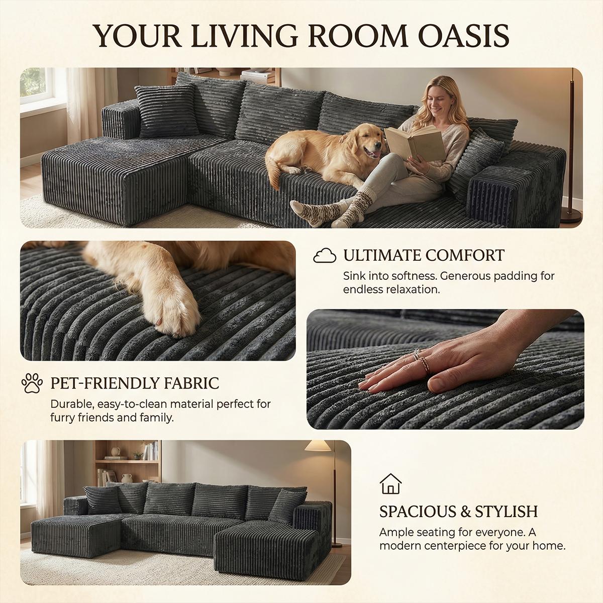 Oversized U-shaped boneless sofa with modular design for free combination, providing a deep sense of coverage and comfortable cloud corduroy fabric; Modern minimalism, no need for assembly; Suitable for living rooms, bedrooms, and other occasions