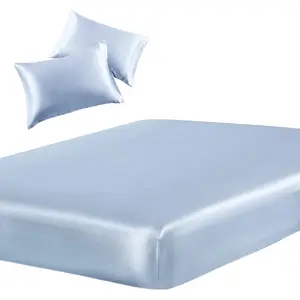 3- Set Satin  Fitted Sheet & 2 Pillowcase,  Blue Silky Soft Fitted Bottom Sheet, Wrinkle Free, Fade Resistant, Deep Pocket Bed Sheet (Deep Up to 15")