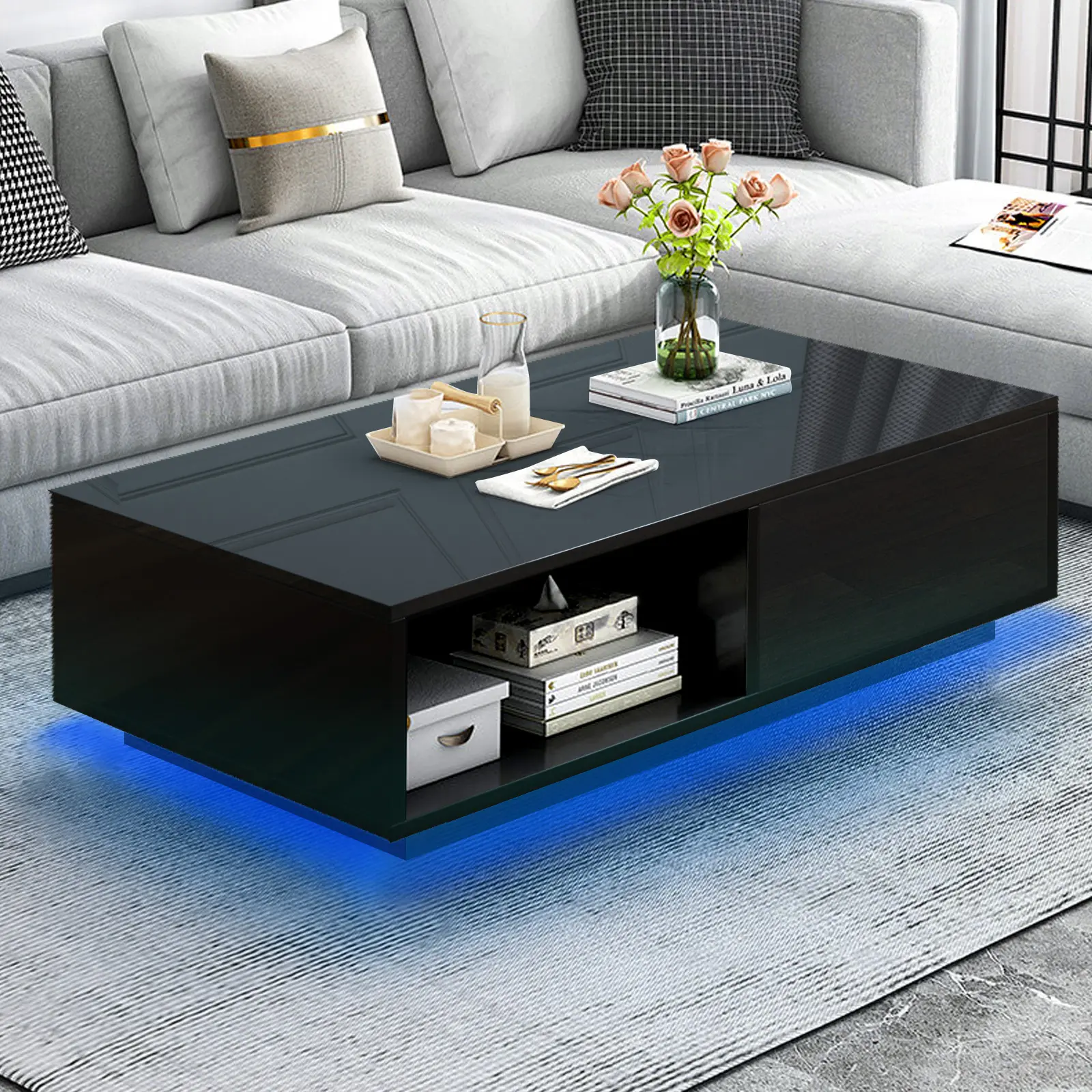 43.3IN LED Black Coffee Table with LED Lights Modern Rectangle Center Table for Living Room with Storage Drawer Home Furniture