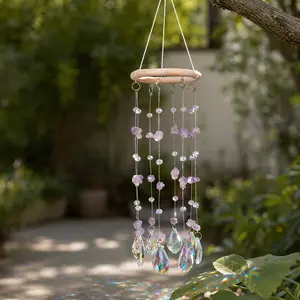 Crystal Sun Catcher, Amethyst Suncatcher Hanging Wind Chime, Handmade Rainbow Maker Indoor Outdoor Decor for Window Bedroom Courtyard Garden, Bless Gift