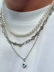 Men's Hip Hop Faux Pearl Necklace Set, Thorn Eye Clavicle Chain, Autumn Winter Layered Sweater Chain, Cute Style Alloy Jewelry, Necklace Gift