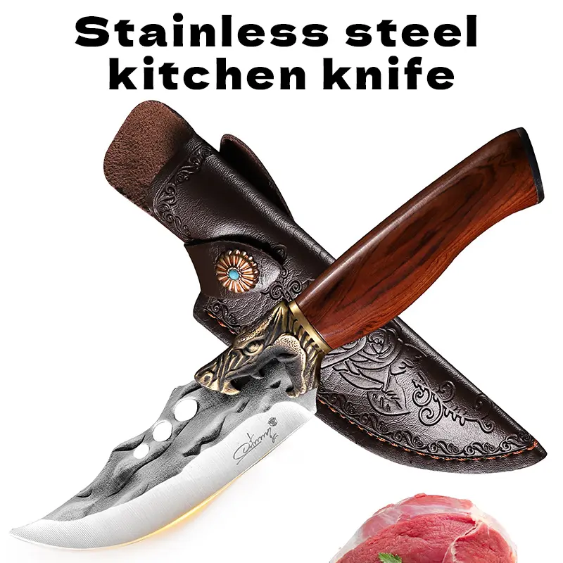【MRC】Full Tang Camp Meat Knife - Forged Stainless Steel Blade & Wood Handle | Includes Protective Sheath for Outdoor Cooking