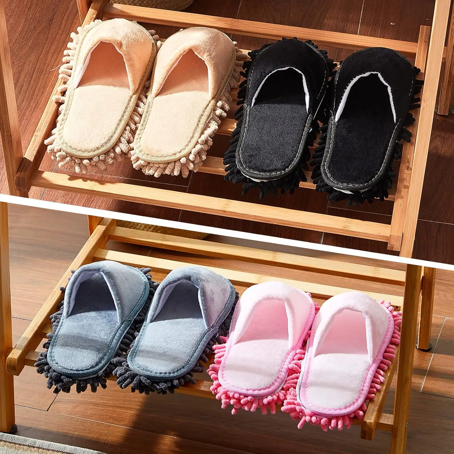 4 Pair Microfiber Dust Mop Slippers | Washable, Detachable, Machine-Washable, Non-Slip Sole, Unisex Adult House Shoes(Black/Beige/Pink/Grey)