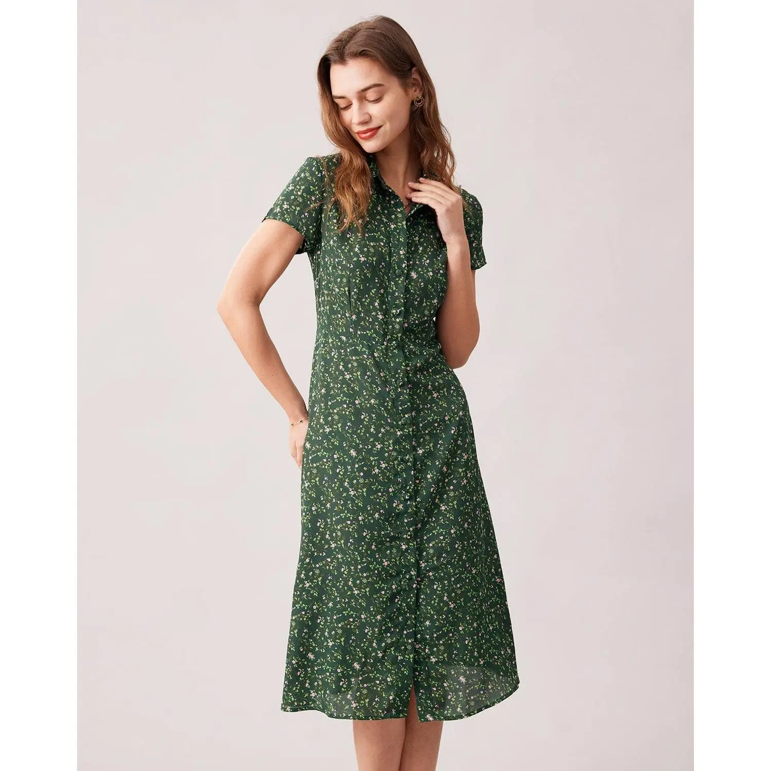 Rihoas Women's Light Vintage Green Polyester-Chiffon Floral Collared Short-Sleeve Lapel Button-Up Elegant Medium-Length Stain-Resist Dress, Comfortable Ready-to-Wear for Brunch, Wedding Guest Outfits, Buttons-Closure Western Casual Wear