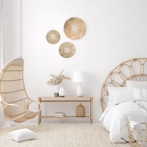 Set 3 of Daisy Wall Hanging Woven Basket, Boho Wall Basket Decor, Bohemian Style Basket Decor, Rustic Handmade Round Wall Basket for African Design, Farmhouse Decor