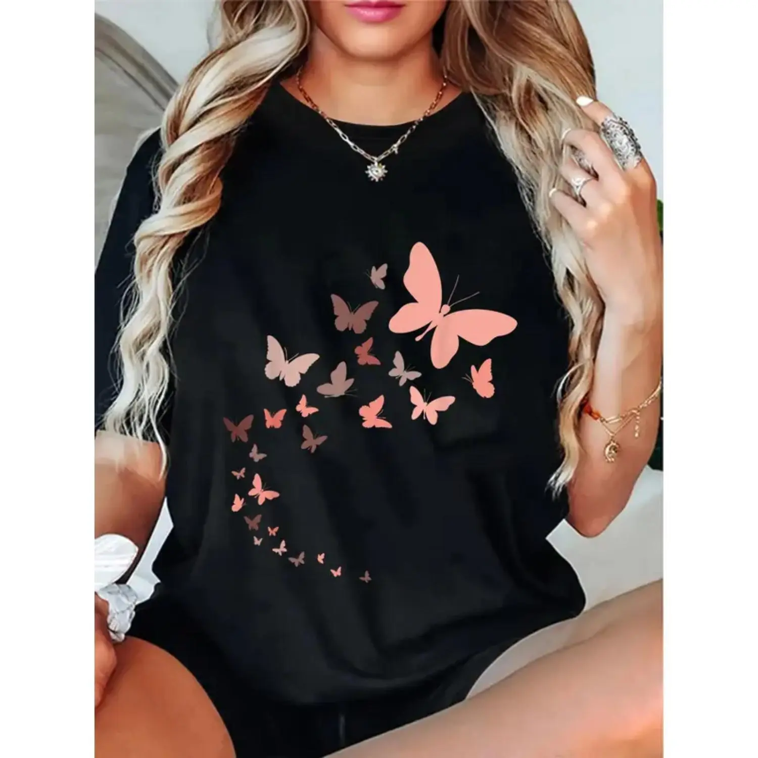 Unisex Short-Sleeve Crew Neck Pure Cotton Moisture-Wick Graphic T-Shirt - Vintage Butterfly Print Plus Size Sports Top for Casual, Outdoor Use,american