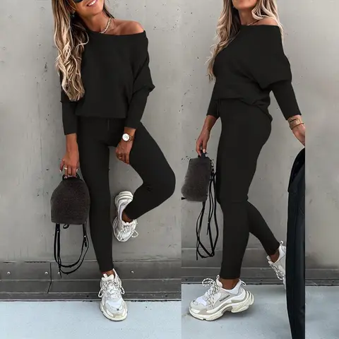 CHICME 2026 Women's Casual Fitted Solid Tracksuit Set - 2-Piece Longsleeves Round Neck Pullover Top, Drawstring High-Waisted Pre-Fall Yoga Lounge Pants