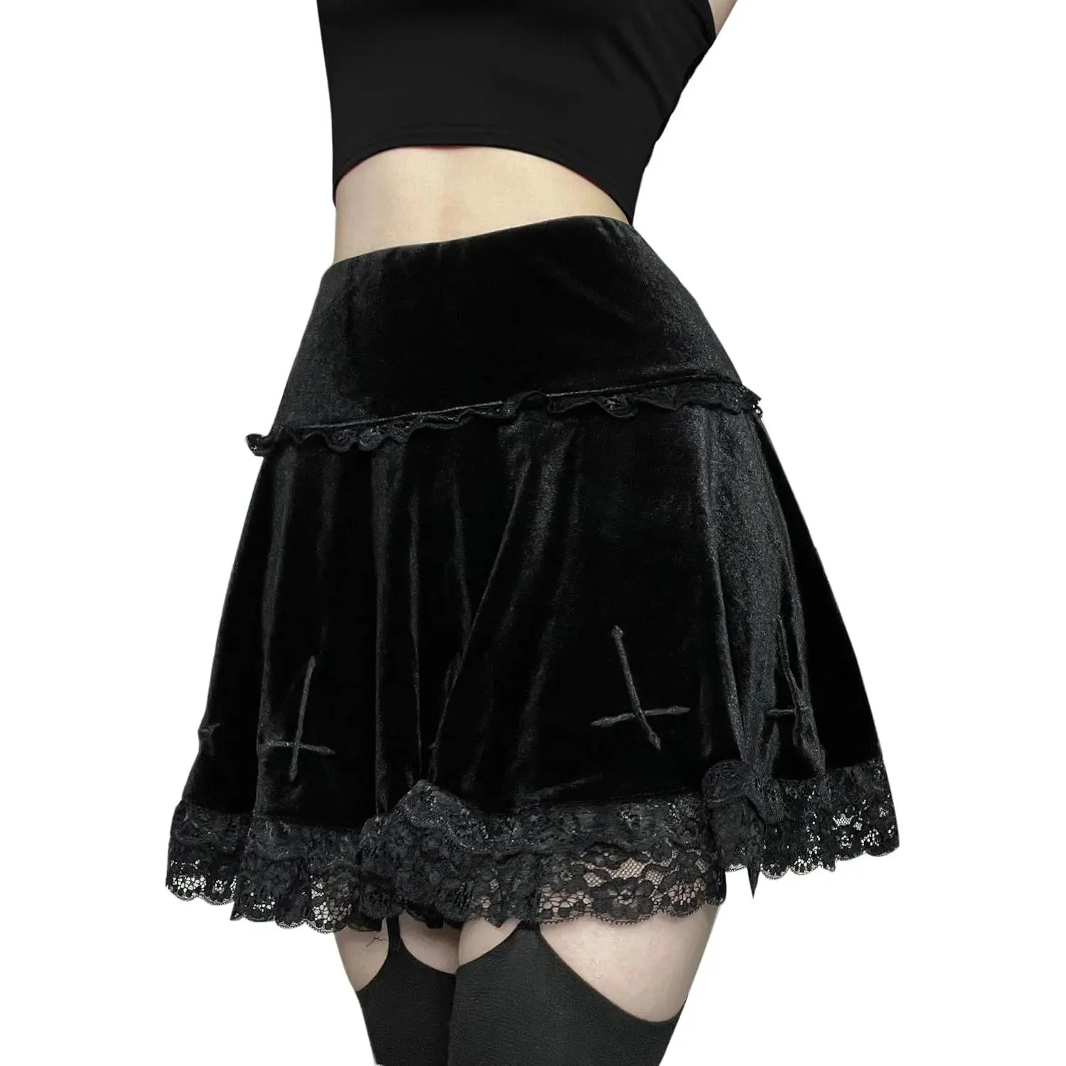 Womens Gothic Mini Skirts Punk Grunge Velvet Skirts High Waist Emo Skirt Mall Goth Alt Harajuku Skirt