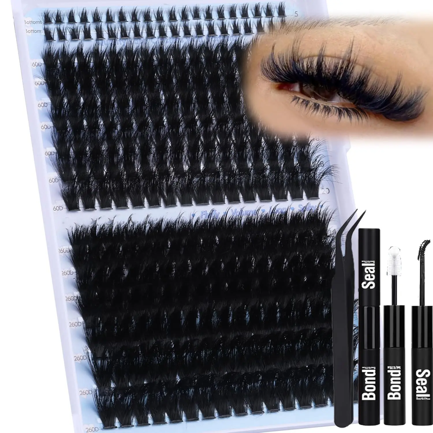 264pcs Thick Voluminous False Eyelashes Set, D Curl Mixed Length 12-22 mm, Fluffy Volume Lashes for Festival Makeup, Easy-Application DIY Eyelash Extensions Starter Kit, Volumized False Eyelashes