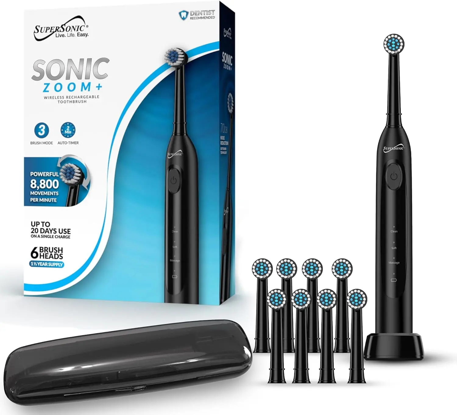 Supersonic Sonic Zoom+ Rotating Electric Toothbrush, Rechargeable Dental Cleaner for Oral Health with Wireless Charging, 8,800 OPM, Water Proof Handle, Includes Travel Case & 6 Brush Heads, Black, Rechargeable Toothbrush
