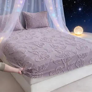 Fashion Butterfly Flower Bed Sheet Set, Decorative Bedsheet Sets, Thick Velvet Fabric, Non-Slip Bedroom Cover, Elastic Fitted Sheets King Queen Size