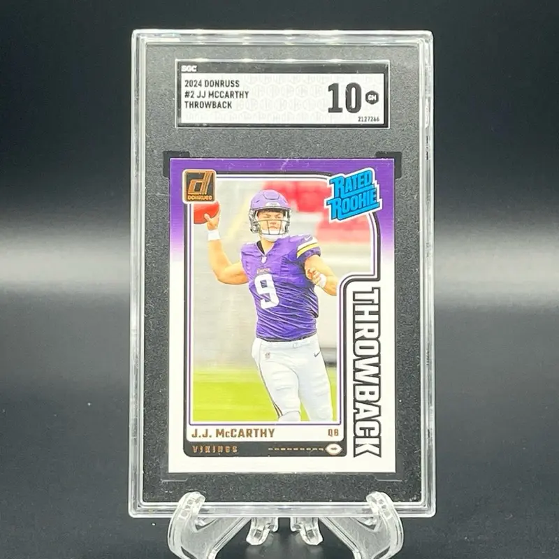 Donruss 2024 JJ McCarthy Throwback #2 SGC 10 GM Rated Rookie Football Card Minnesota Vikings Special Edition Collectible