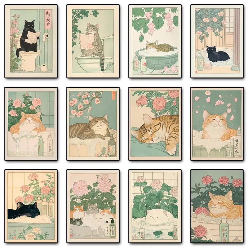 Japanese Tabby Cat in Bathtub Artistic Canvas Poster Prints, Retro Aesthetic Japandi Wall Decor for Bathroom Home Decoration