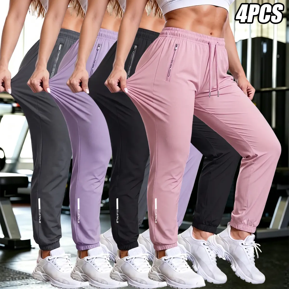 4-pack women’s athletic pants with zippered pockets; casual fitness jogging pants suitable for running and outdoor activities; lightweight, stretchy fit, quick-dry fabric, moisture-wicking material; ideal for fitness enthusiasts; women’s activewear.