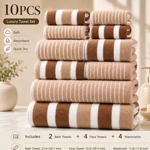 10-piece set: ultra-absorbent bath towels that don’t shed easily; ultra-soft two-tone striped interval bath towel combination; premium ultra-fine microfiber bathroom towel set including 2 bath towels, 4 washcloths, and 4 hand towels; suitable for bathroom