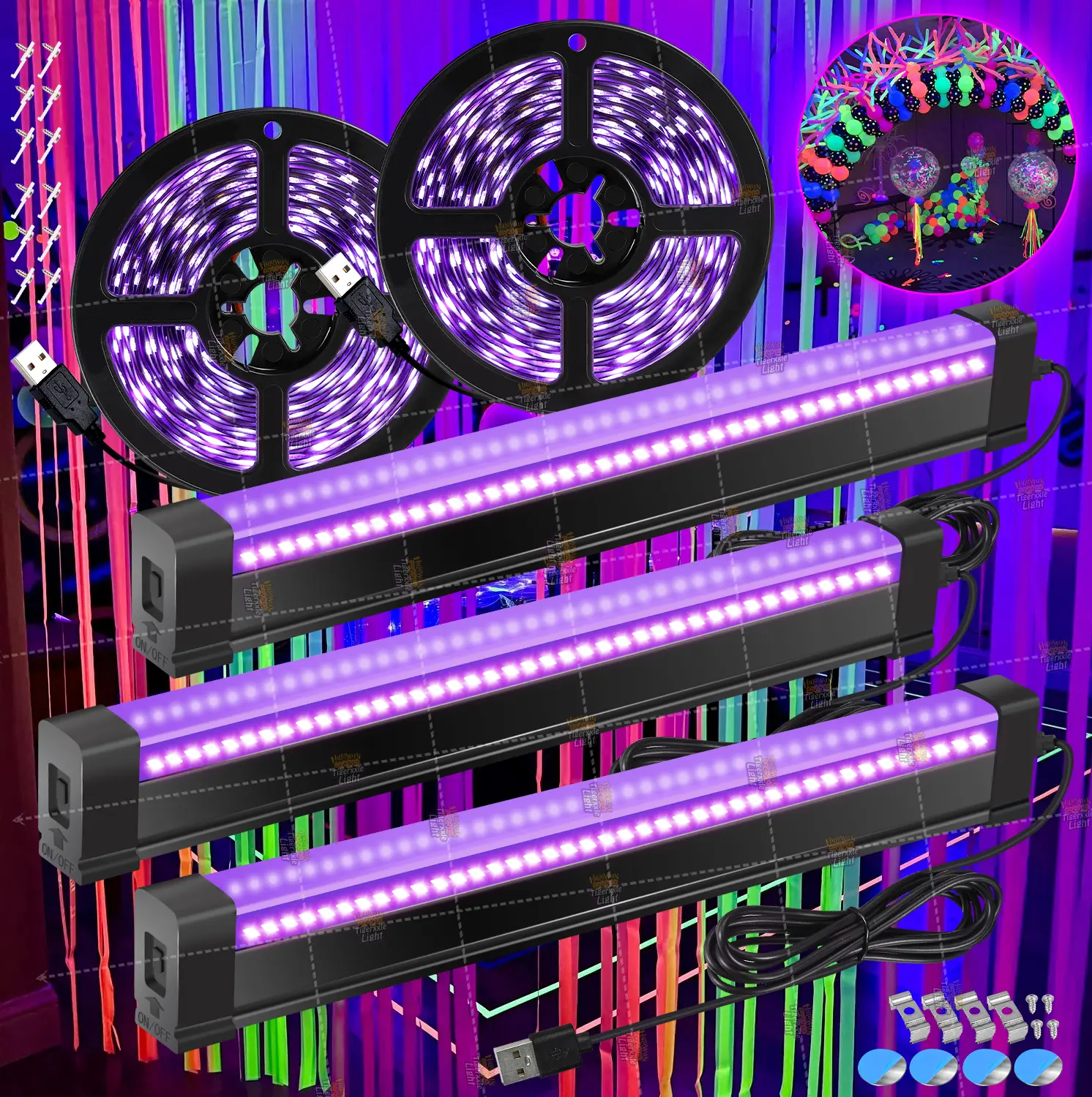 Magnetic Blacklight & LED Strip Combination Set - 3 Packs 32cm/2.6in Units, 2 Packs 2.5M Strips, DC 5V USB Power, Led Lights for Bedroom, Glow Effect, DIY Decor, Cabinet Display Lighting