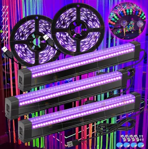Combination Set:3 Packs 32cm/2.6inch Magnetic LED Black Lights & 2 pack 2.5M LED Black Light Strip,DC 5V USB power supply,for Bedroom Fluorescent Poster Body Paint Halloween Glow Party，for Cabinet and Display Lighting, diy design bar decor