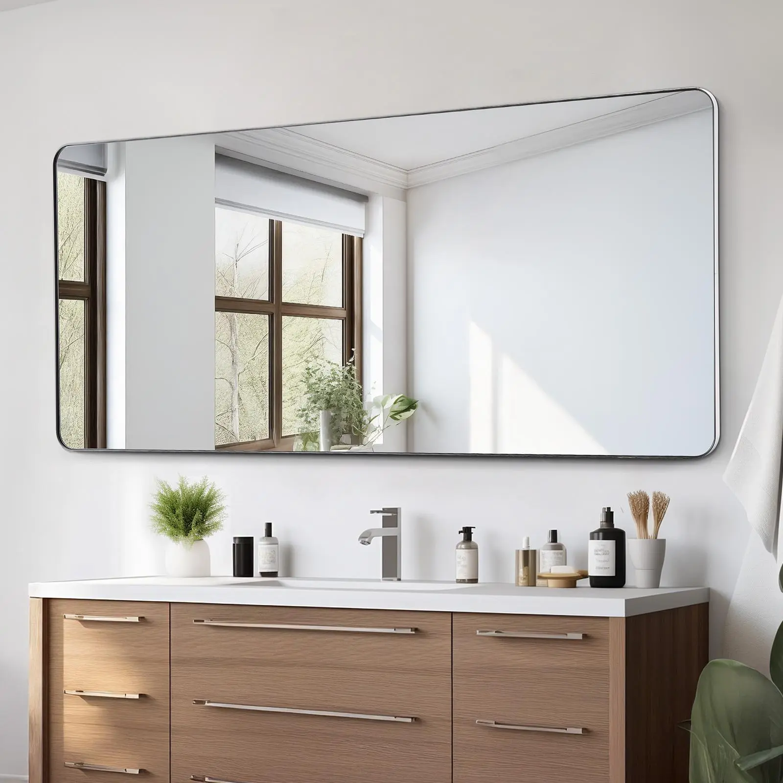 【DealsForYouDays】VEVOR Wall Mounted Makeup Mirror, 0.15" Thick, 32" x 72" Mirror with Aluminium Alloy Frame & Explosion-Proof Film, Scratch-Resistant Mirror with Z-Shaped Bracket, Fit for Bathroom/Bedroom/Living Room