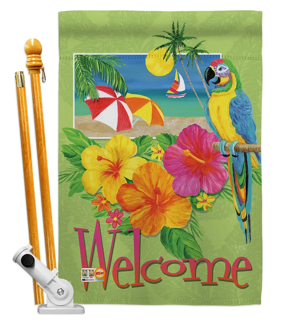 Breeze Decor Vertical Double-Sided House Flag Set (28x40 in, 57 in Total Height) - Adjustable Angle, Weatherproof Outdoor Wall Mount Decor with Pole Bracket & Hardware, Reusable Tropical Fun Indoor Accent (BD-SU-HS-106066-IP-BO-D-US12-AM), Vertical Sleeve