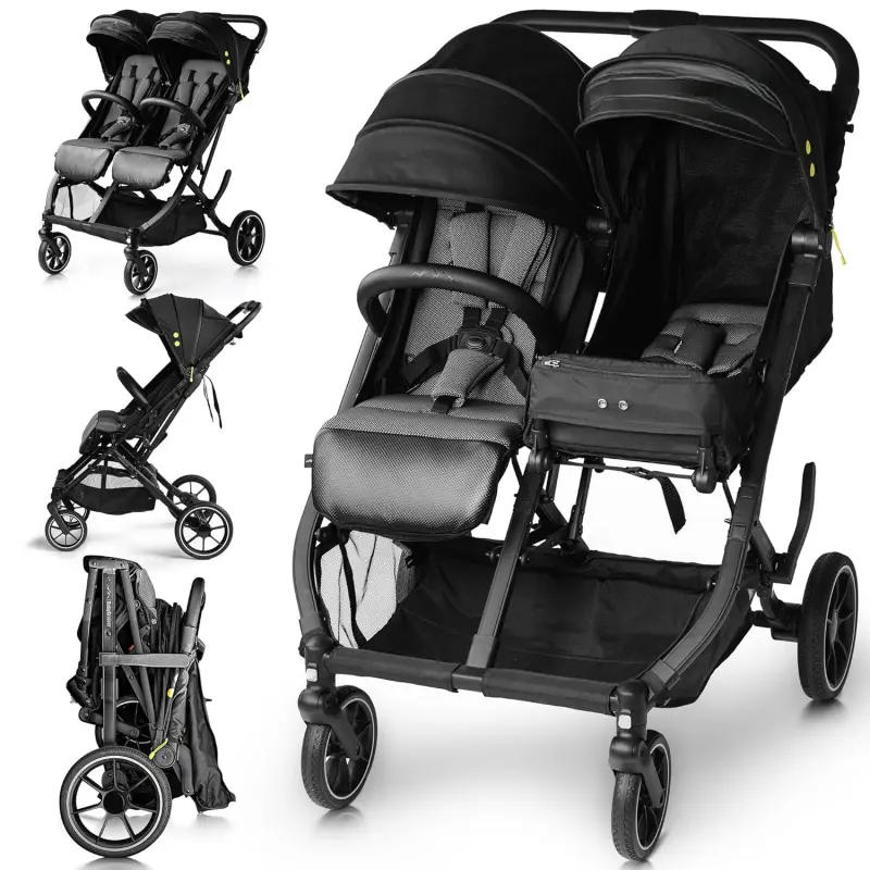 Compact Side-by-Side Double-Seater Newborn Stroller, Adjustable Settings, Lightweight Easy Maneuverability, Standard Door-Fitting, 48.5 lbs Per-Seat Capacity, Waterproof, Bumper Bars, Raincover, Standard Doors