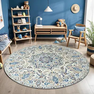 Round Vintage Floral Pattern Rug, Vintage Printed Rugs, Non-slip Soft Floor Mat, Decorative Carpet for Home Living Room Bedroom Study Room