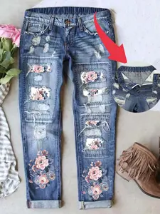 Women's Valentine's Day Patch Ripped Distressed Mid-Waist Boyfriend Fit Washed Floral Print Loose Denim Jeans Elastic Waistband Breathable Comfort Fabric All Seasons Wear