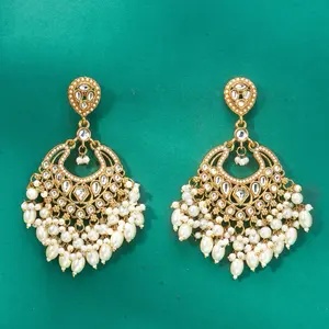 Faux Pearl and Kundan Chandbali Earrings Gold Plated with Elegant Design and Gold Accents